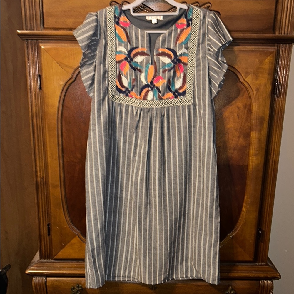 Blue and White Pleated Sundress with Flutter Cap Sleeves